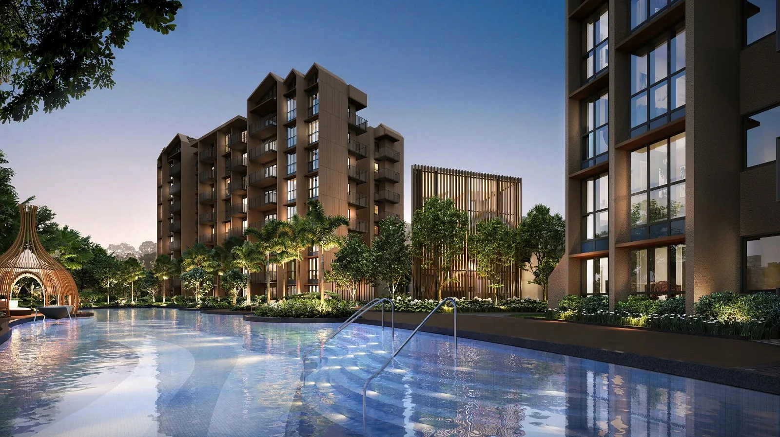 Kassia, artist’s impression: the 50-metre lap pool at dusk, a woven forest spa pod at one end and the 8-storey blocks around the water