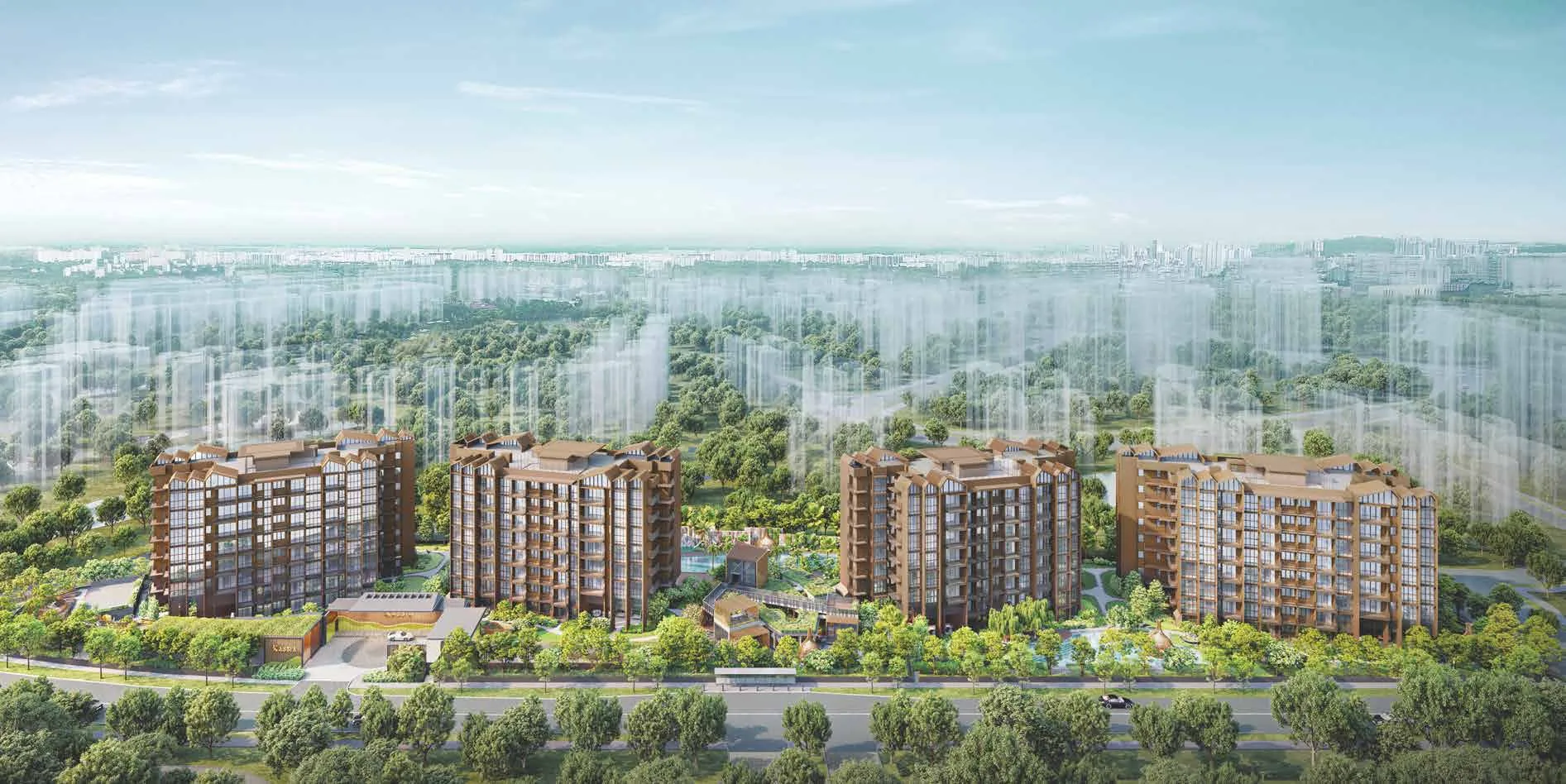 Kassia, artist’s impression: an aerial view of the four 8-storey blocks in timber and bronze tones among mature trees at Flora Drive, with the pools between them and the eastern estates stretching to the horizon