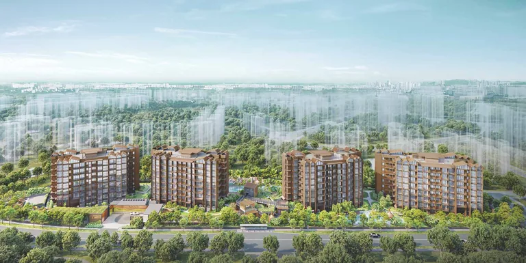 Kassia, artist’s impression: an aerial view of the four 8-storey blocks in timber and bronze tones among mature trees at Flora Drive, with the pools between them and the eastern estates stretching to the horizon