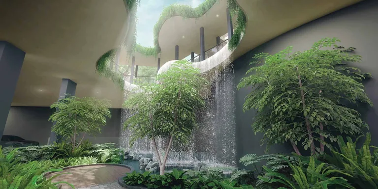 Kassia, artist’s impression: the Arrival Plaza in the basement of the clubhouse, a cascading water feature falling from an open-sky ceiling into planted foliage decks and trees