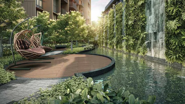 Kassia, artist’s impression: the floating pavilion and the outdoor fitness area, a round timber deck over still water beside a planted green wall
