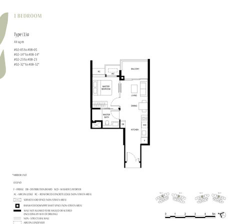 Kassia floor plan, Type (1)a (1 Bedroom): 1 bedroom, 44 sq m (474 sq ft), 28 homes, stacks 05, 14, 23 and 32, 2nd to 8th storey (developer drawing with key plan)