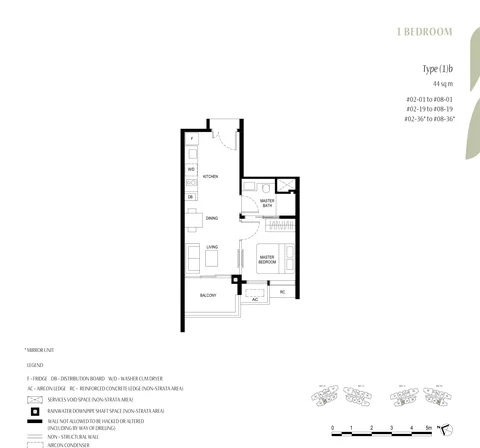 Kassia floor plan, Type (1)b (1 Bedroom): 1 bedroom, 44 sq m (474 sq ft), 21 homes, stacks 01, 19 and 36, 2nd to 8th storey (developer drawing with key plan)