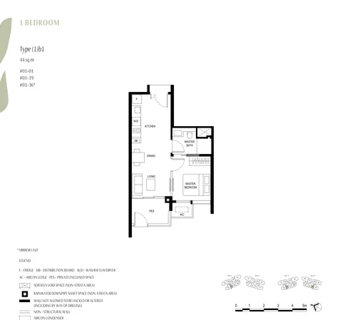 Kassia floor plan, Type (1)b1 (1 Bedroom with PES): 1 bedroom with private enclosed space, 44 sq m (474 sq ft), 3 homes, #01-01, #01-19 and #01-36 (developer drawing with key plan)