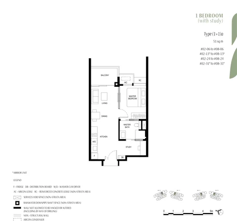 Kassia floor plan, Type (1+1)a (1 Bedroom + Study): 1 bedroom + study, 51 sq m (549 sq ft), 28 homes, stacks 06, 13, 24 and 31, 2nd to 8th storey (developer drawing with key plan)