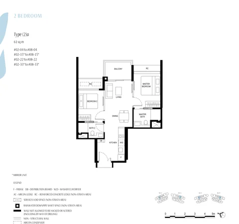 Kassia floor plan, Type (2)a (2 Bedroom): 2 bedrooms, 61 sq m (657 sq ft), 28 homes, stacks 04, 15, 22 and 33, 2nd to 8th storey (developer drawing with key plan)
