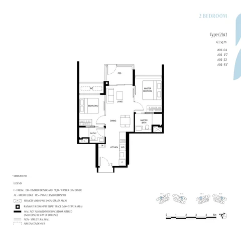 Kassia floor plan, Type (2)a1 (2 Bedroom with PES): 2 bedrooms with private enclosed space, 61 sq m (657 sq ft), 4 homes, #01-04, #01-15, #01-22 and #01-33 (developer drawing with key plan)