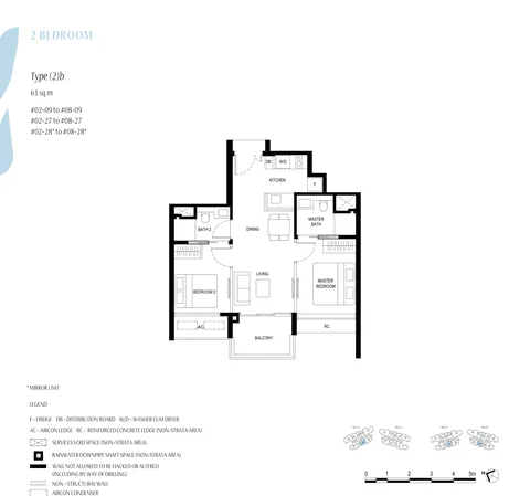 Kassia floor plan, Type (2)b (2 Bedroom): 2 bedrooms, 61 sq m (657 sq ft), 21 homes, stacks 09, 27 and 28, 2nd to 8th storey (developer drawing with key plan)