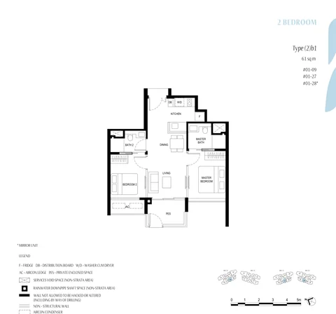 Kassia floor plan, Type (2)b1 (2 Bedroom with PES): 2 bedrooms with private enclosed space, 61 sq m (657 sq ft), 3 homes, #01-09, #01-27 and #01-28 (developer drawing with key plan)