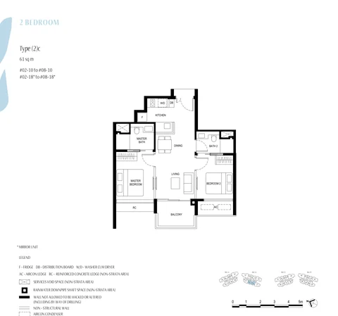 Kassia floor plan, Type (2)c (2 Bedroom): 2 bedrooms, 61 sq m (657 sq ft), 14 homes, stacks 10 and 18, 2nd to 8th storey (developer drawing with key plan)