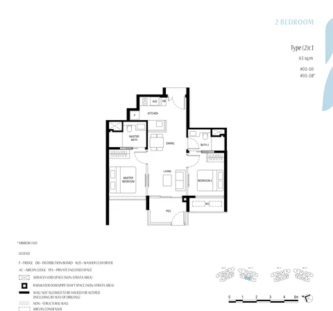 Kassia floor plan, Type (2)c1 (2 Bedroom with PES): 2 bedrooms with private enclosed space, 61 sq m (657 sq ft), 2 homes, #01-10 and #01-18 (developer drawing with key plan)