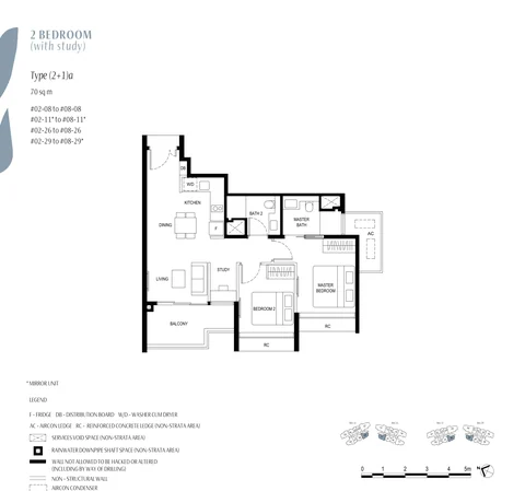 Kassia floor plan, Type (2+1)a (2 Bedroom + Study): 2 bedrooms + study, 70 sq m (753 sq ft), 28 homes, stacks 08, 11, 26 and 29, 2nd to 8th storey (developer drawing with key plan)