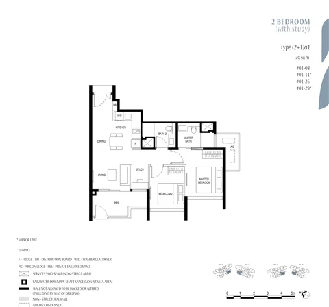 Kassia floor plan, Type (2+1)a1 (2 Bedroom + Study with PES): 2 bedrooms + study with private enclosed space, 70 sq m (753 sq ft), 4 homes, #01-08, #01-11, #01-26 and #01-29 (developer drawing with key plan)