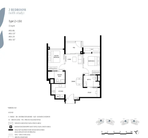 Kassia floor plan, Type (2+1)b1 (2 Bedroom + Study with PES): 2 bedrooms + study with private enclosed space, 72 sq m (775 sq ft), 4 homes, #01-06, #01-13, #01-24 and #01-31 (developer drawing with key plan)