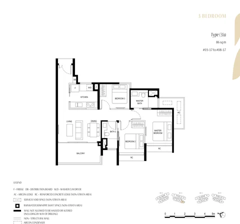 Kassia floor plan, Type (3)a (3 Bedroom): 3 bedrooms, 86 sq m (926 sq ft), 6 homes, stack 17, 3rd to 8th storey (developer drawing with key plan)