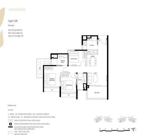 Kassia floor plan, Type (3)b (3 Bedroom): 3 bedrooms, 84 sq m (904 sq ft), 18 homes, stacks 02, 20 and 35, 3rd to 8th storey (developer drawing with key plan)