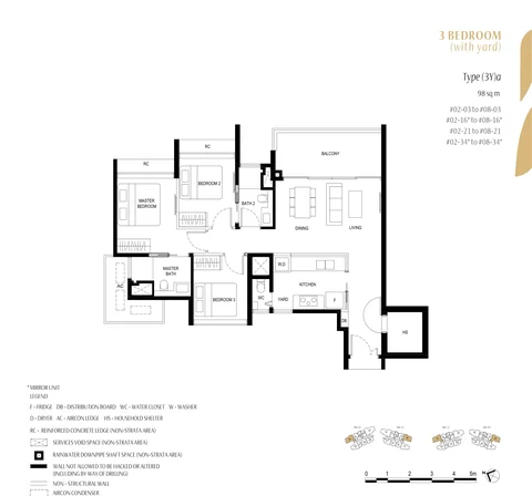 Kassia floor plan, Type (3Y)a (3 Bedroom with Yard): 3 bedrooms with yard, store / WC and household shelter, 98 sq m (1,055 sq ft), 28 homes, stacks 03, 16, 21 and 34, 2nd to 8th storey (developer drawing with key plan)