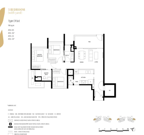 Kassia floor plan, Type (3Y)a1 (3 Bedroom with Yard and PES): 3 bedrooms with yard and private enclosed space, 98 sq m (1,055 sq ft), 4 homes, #01-03, #01-16, #01-21 and #01-34 (developer drawing with key plan)