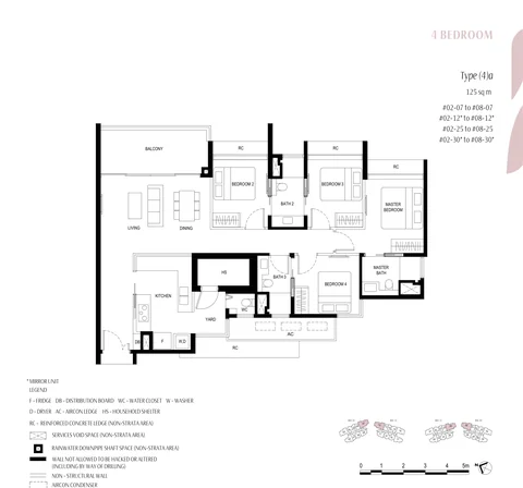 Kassia floor plan, Type (4)a (4 Bedroom): 4 bedrooms with yard, store / WC and household shelter, 125 sq m (1,345 sq ft), 28 homes, stacks 07, 12, 25 and 30, 2nd to 8th storey (developer drawing with key plan)