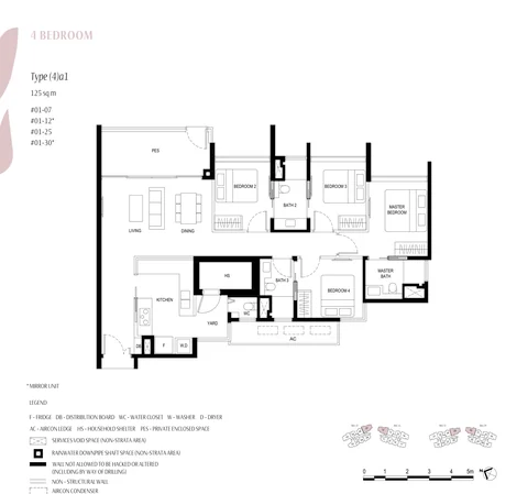Kassia floor plan, Type (4)a1 (4 Bedroom with PES): 4 bedrooms with private enclosed space, 125 sq m (1,345 sq ft), 4 homes, #01-07, #01-12, #01-25 and #01-30 (developer drawing with key plan)