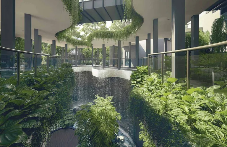 Kassia, artist’s impression: the Grand Clubhouse wrapped in a vertical garden, its curving levels and planted terraces between two blocks