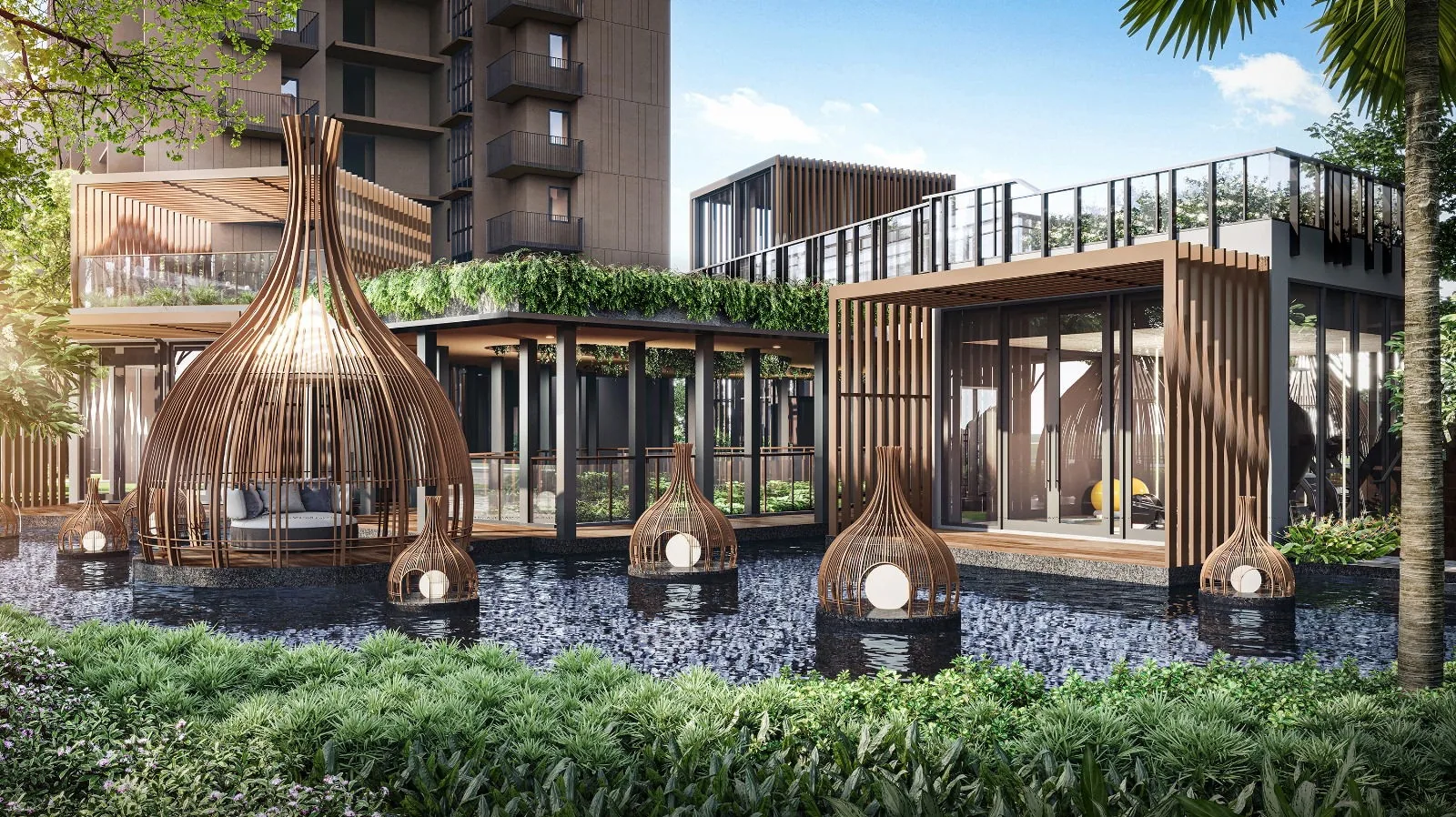 Kassia, artist’s impression: the Lantern Pond beside the Grand Clubhouse, woven lantern pavilions standing in the water with glass-walled rooms and timber screens behind