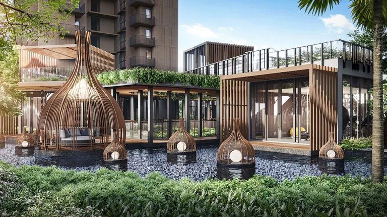 Kassia, artist’s impression: the Lantern Pond beside the Grand Clubhouse, woven lantern pavilions standing in the water with glass-walled rooms and timber screens behind
