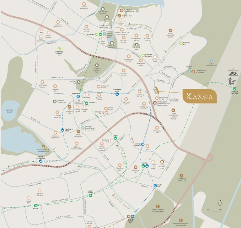 Kassia location map (developer drawing): the site at Flora Drive with the MRT lines, expressways, schools, malls and parks of Tampines, Pasir Ris, Simei and Changi