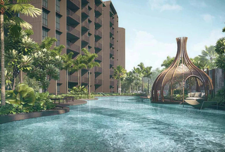 Kassia, artist’s impression: the poolside pavilion by the 50-metre lap pool, a woven pod lounge in the water among palms beside the blocks