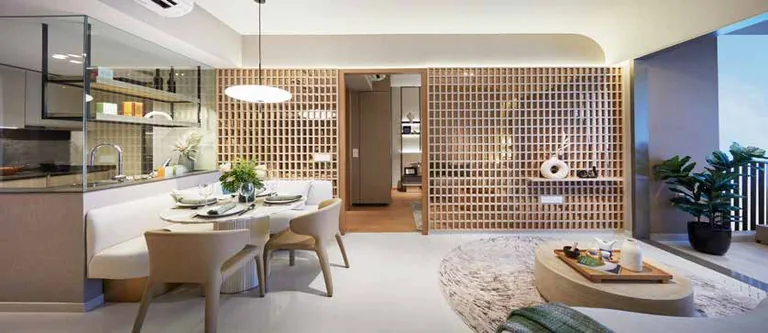 Kassia show-unit interior, for illustration only: a dining corner with timber lattice screens and an open kitchen behind