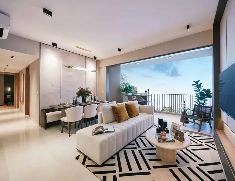 Kassia show-unit interior, for illustration only: a living and dining room with a cream sofa, a patterned rug, a dining table for six and a balcony with a view