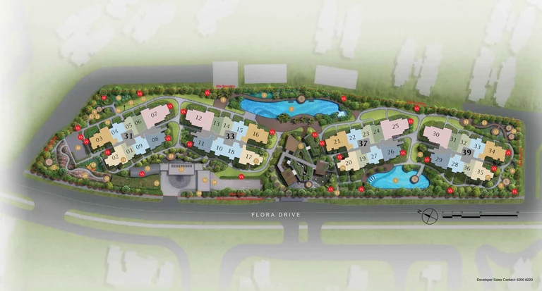 Kassia site plan (developer drawing): Blocks 31, 33, 37 and 39 along Flora Drive with the Grand Clubhouse between Blocks 33 and 37, the 50 m lap pool, the leisure pool and the 36 numbered facilities