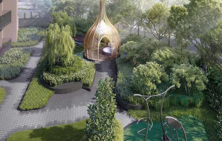 Kassia, artist&rsquo;s impression: the Tarenna Garden, a woven pod among soft planting and paths, seen from above
