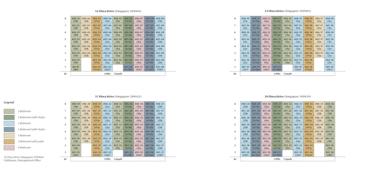 Kassia unit distribution chart (developer drawing): every unit by storey and stack in 31, 33, 37 and 39 Flora Drive, colour-coded by home type